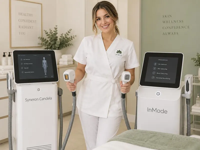 מטפלת DMD עומדת ליד מכשירי Syneron Candela ו-InMode ומחזיקה את ידיות הטיפול
